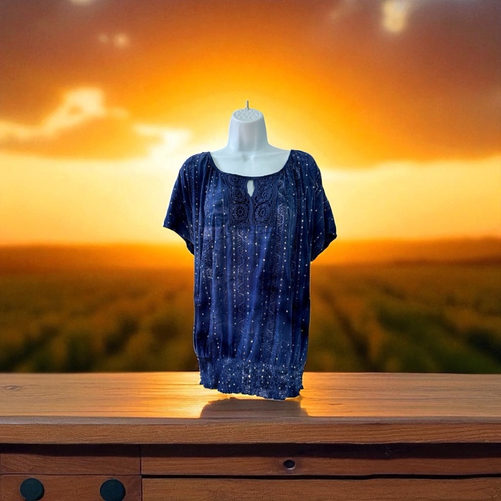 Dress Barn Midnight Blue Women's Blouse with Crochet and Sequin Detail EUC